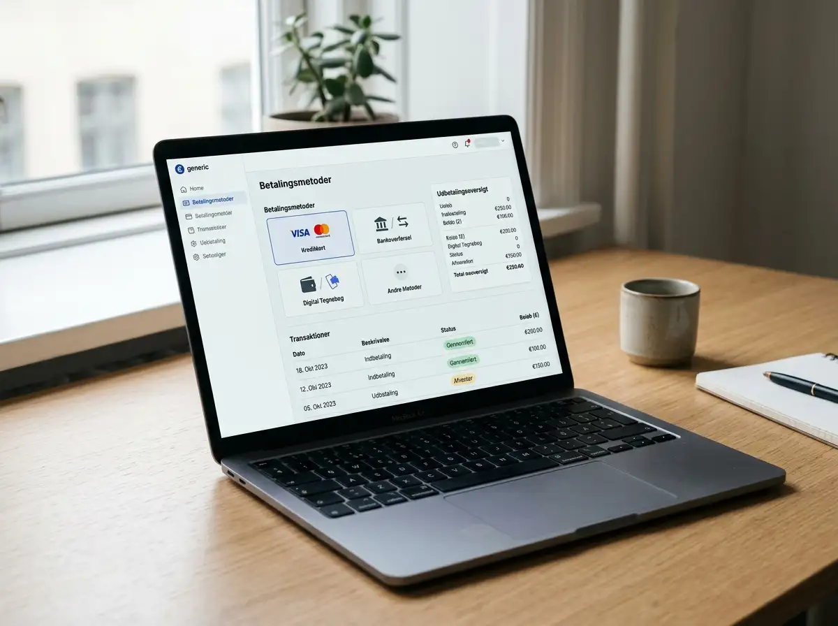 Et neutralt betalingsdashboard med eurobeløb, kortsymboler, bankoverførsel og en udbetalingsoversigt på en bærbar computer