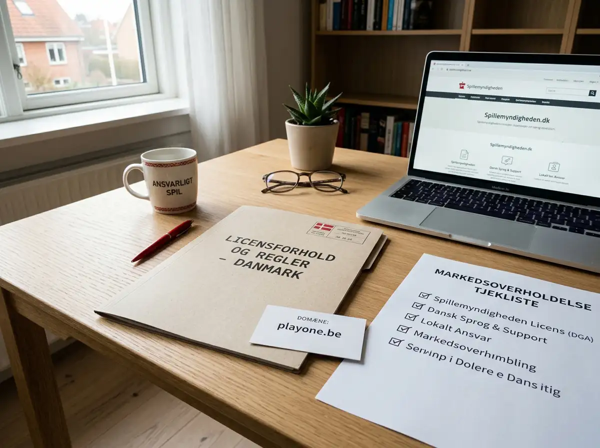 En neutral dokumentmappe med licenskort, domænenavn og to adskilte europæiske jurisdiktionsmarkører på et skrivebord