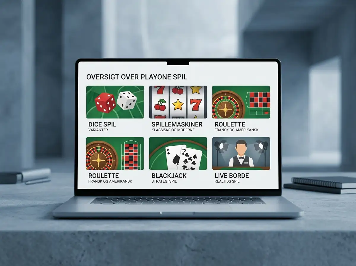 Et casinospilkatalog på en bærbar computer med felter for slots, roulette, blackjack, terningespil og liveborde