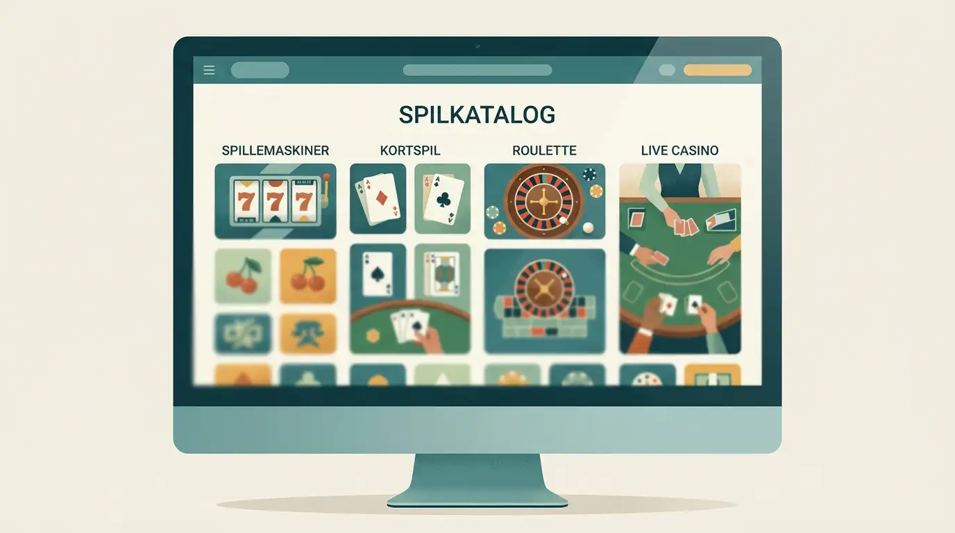 Skærm med farvede felter for spilleautomater, kortspil og et livebord i et lyst skrivebordsmiljø
